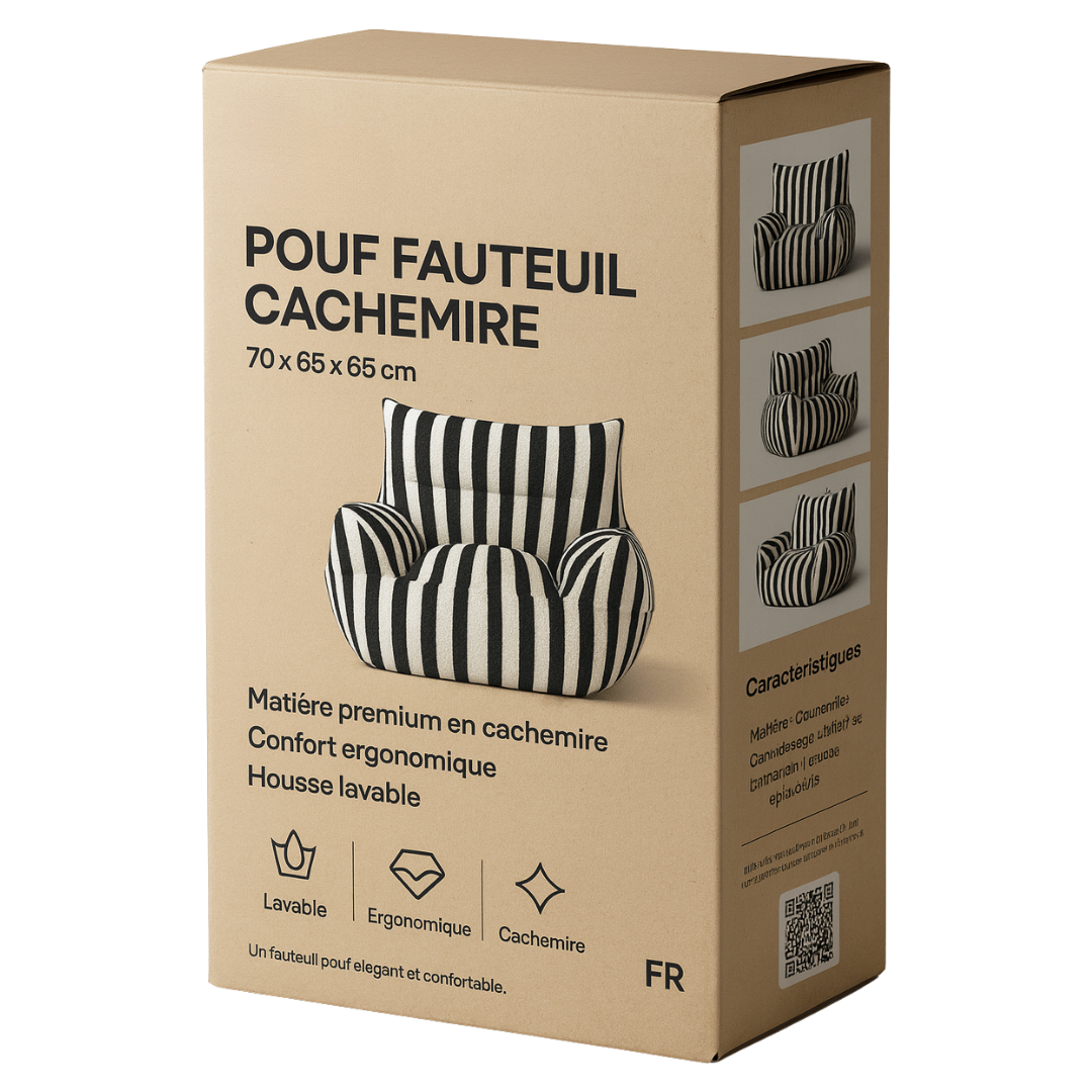 Packaging du Pouf fauteuil a rayure noir et blanc en cachemire