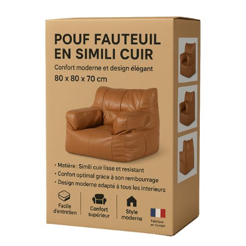 Packaging du Pouf fauteuil en simili cuir marron