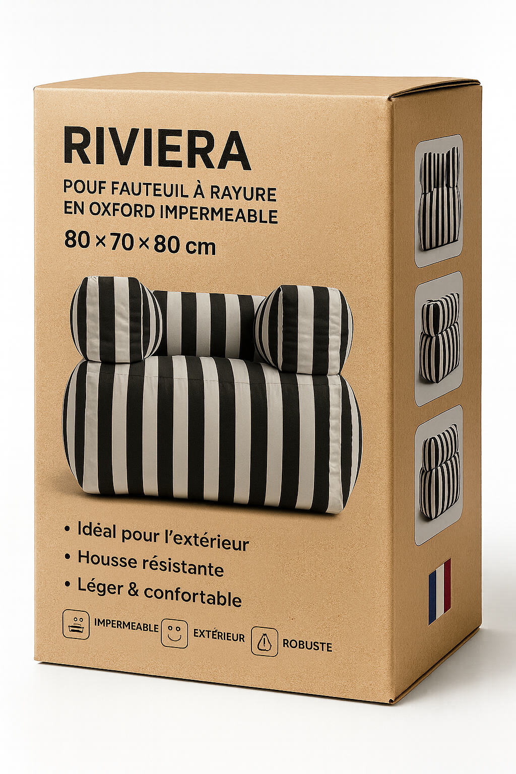 Packaging du Pouf fauteuil pour extérieur à rayure noir et blanc en Oxford imperméable 