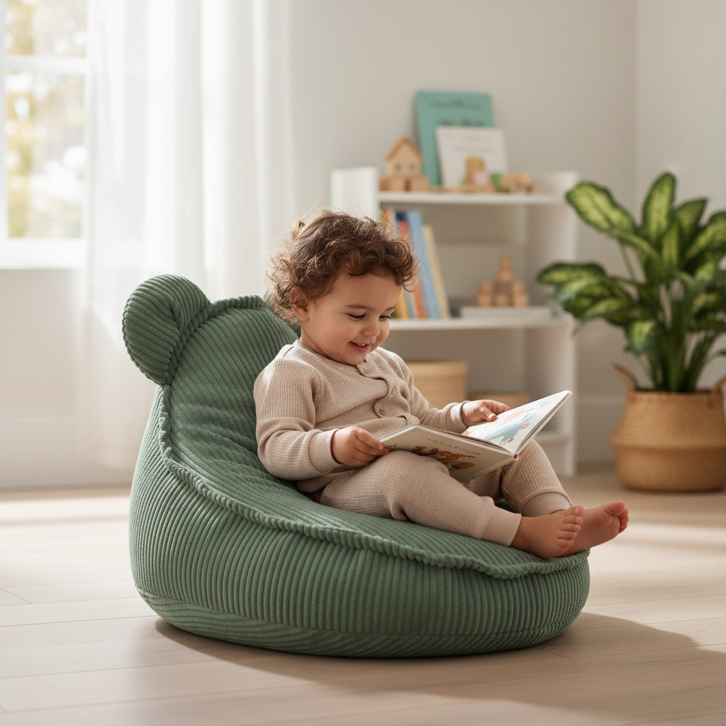 Photo d'un enfant utilisant le Pouf vert en velours côtelé
