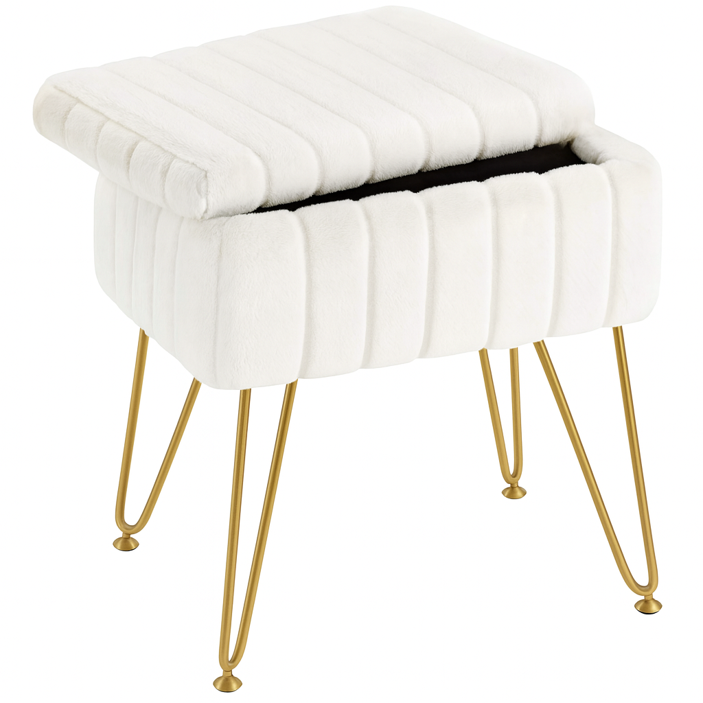Pouf en velours blanc sur pied avec rangement