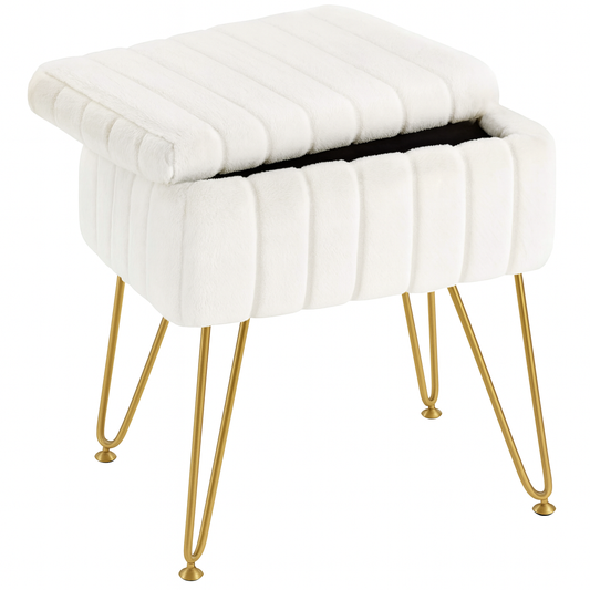 Pouf en velours blanc sur pied avec rangement