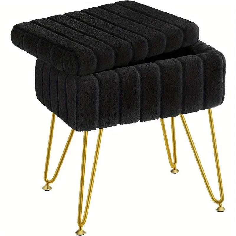 Pouf en velours noir sur pied avec rangement