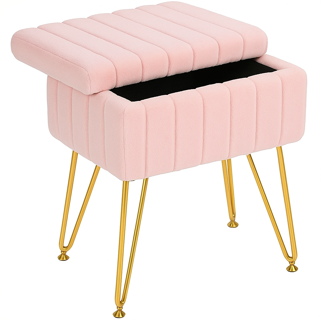 Pouf en velours rose sur pied avec rangement